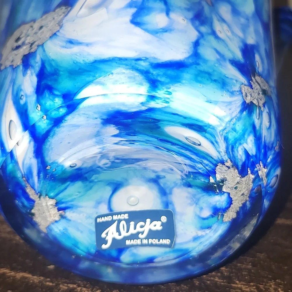 Alicja Poland Fluted Art Glass Handkerchief Vase Blue Silver